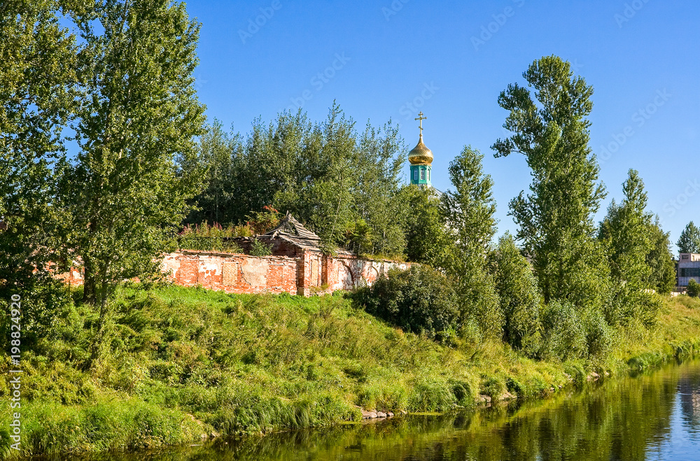 View on the Holy Spirit Monastery in sunny summer day in Borovichi, Russia