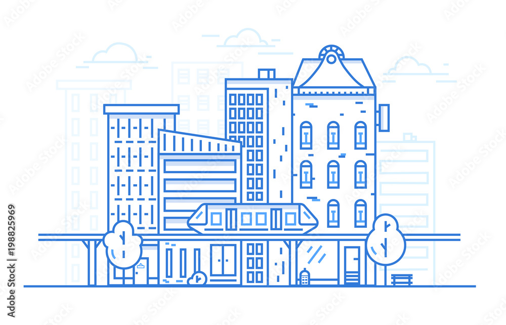City Landscape Line art design concept for website background. Urban cityscape with town architecture. Linear style.