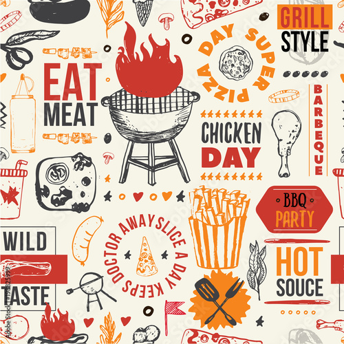 Typography barbecue seamless pattern. BBQ menu texture with grilled food.