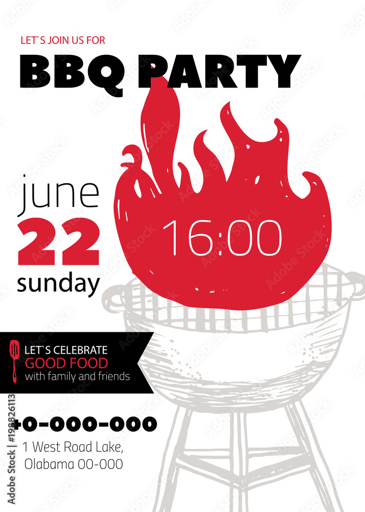 Grunge BBQ Party Invitation Template for posters, flyers. Barbeque grill  manu on white background. Retro picnic style Stock Vector | Adobe Stock