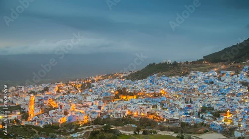 Chefchaouen sunset zoom out timelapse. Chefchaouen is known as blue pearl of Morocco