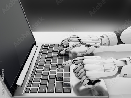 Robotic arms working at the laptop. 3d illustration. Side view.