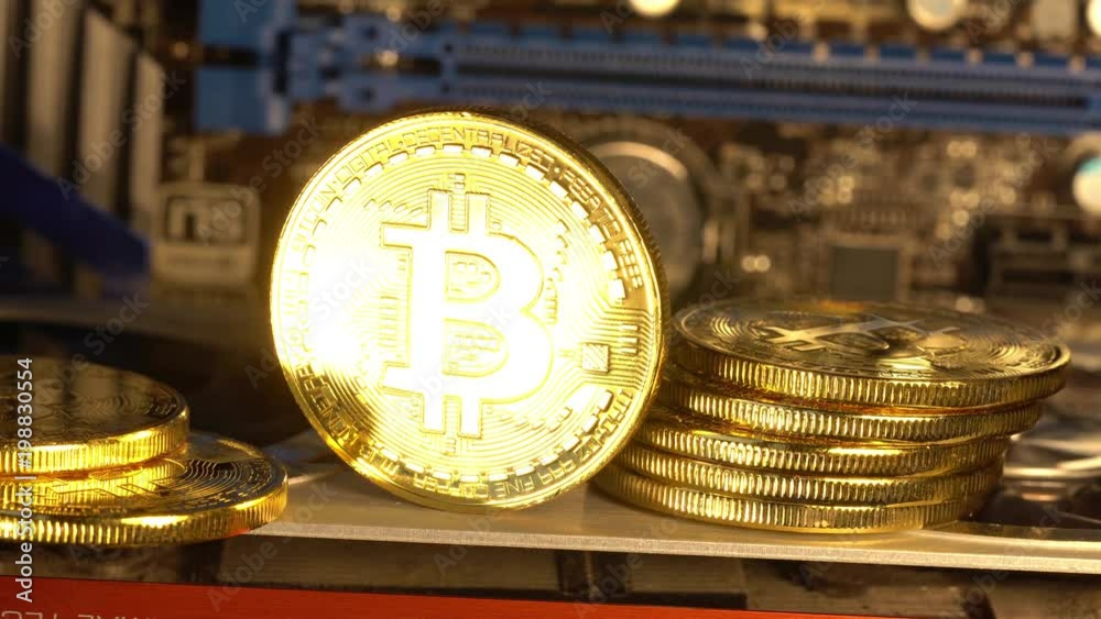 Bitcoin coin is glowed with golden light and gradually fades. Macro shot. 4K looped video.