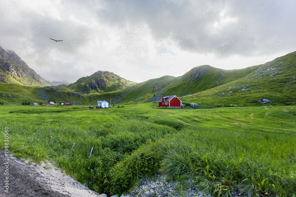 Typical scandinavian landscape with meadows, mountains and village. Lofoten islands, Norway.
