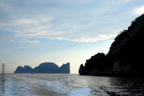 View of the island of Koh Phi Phi Leh from Don, at sunset, Krabi province, Thailand.