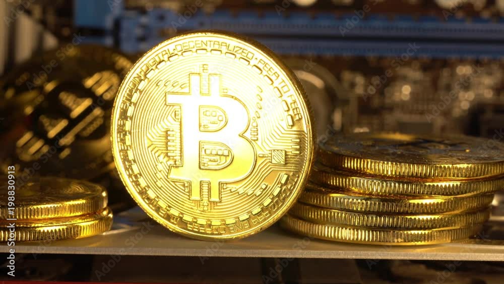 Bitcoin coin is glowed with golden light and gradually fades. Macro shot. 4K looped video.
