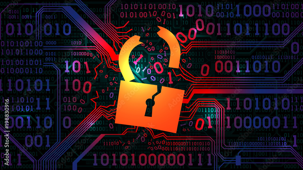 Hacking abstract firewall, antivirus. Hacked lock against the background of an abstract futuristic electronic board with binary code