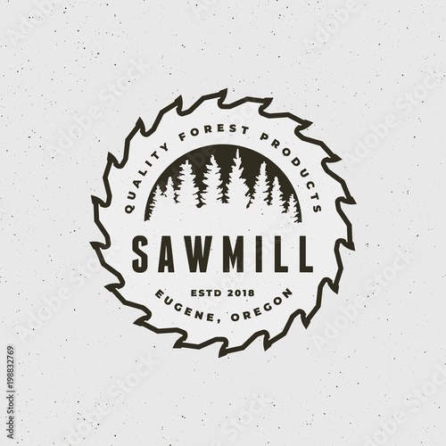 sawmill logo. retro styled woodwork emblem. vector illustration