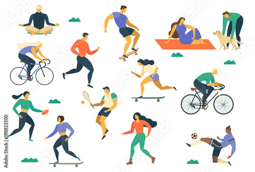 Active young people. Healthy lifestyle. Roller skates, running, bicycle, run, walk, yoga Design element colorful Vector illustrations.