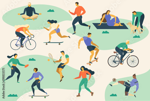 Active young people Healthy lifestyle. Roller skates, running, bicycle, run, walk, yoga. Design element colorful. Vector illustrations.