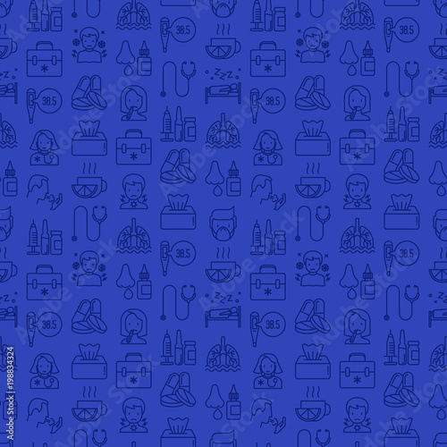 Flu and symptoms seamless pattern with thin line icons: temperature, chills, heat, runny nose, doctor with stethoscope, nasal drops, cough, phlegm in the lungs. Modern vector illustration.