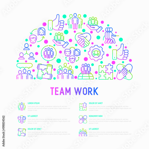 Teamwork concept in half circle with thin line icons: group of people, mutual assistance, meeting, handshake, tug-of-war, cooperation, puzzle, team spirit, cooperation. Vector illustration for banner.