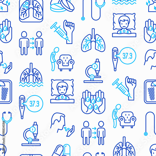 Tuberculosis seamless pattern with thin line icons: infection in lungs, x-ray image, dry cough, pain in chest and shoulders, Mantoux test, weight loss. Modern vector illustration.