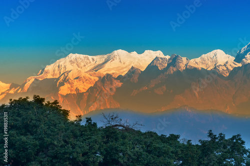 First light on Mount Kanchenjugha, Himalayan mountain range
