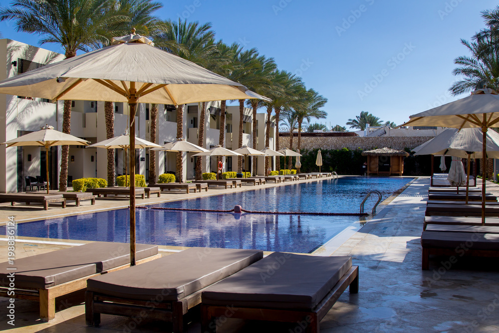 Peaceful picture of Sharm El Sheikh resort with palm trees, swimming pool and relaxing benches under the clean blue sky