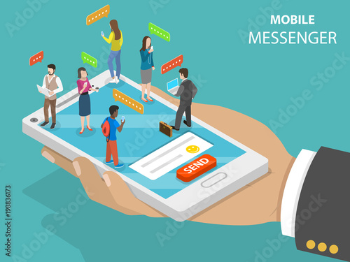 Mobile messenger flat isometric vector concept. Smartphone in the hand with chatting people on it.