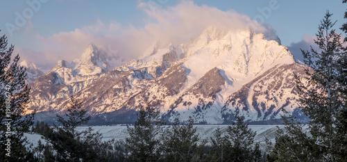grand teton mountains in morning alpenglow