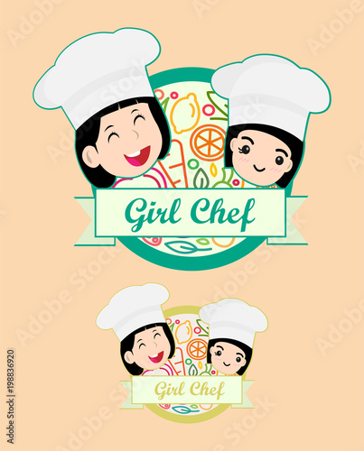 Collection of Cook Chef portraits in different situations. Child in a cook's cap and with a towel, holds a ladle. Kid makes gesture ok, holding dish with food. Logo design template for baby food. Set