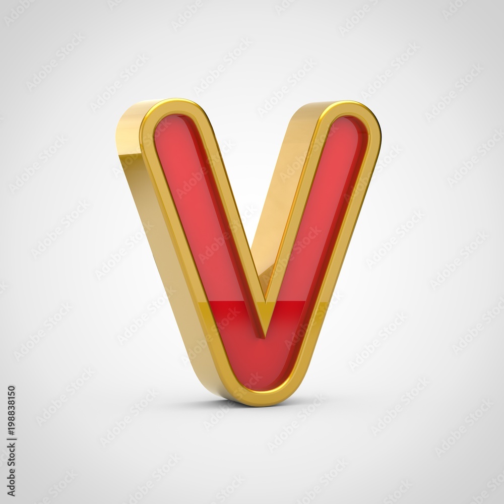 Gloosy red letter V uppercase with golden outline isolated on white background. Gloosy red letter V uppercase with golden outline isolated on white background.