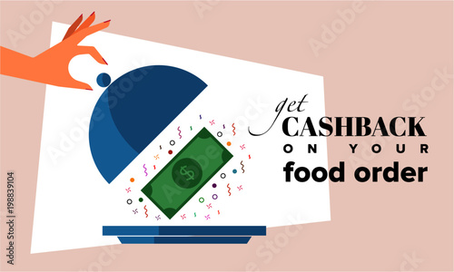 Hand revealing Money in a Cloche. Cashback concept. Vector illustration of hand, cloche and US Dollar currency banknote.