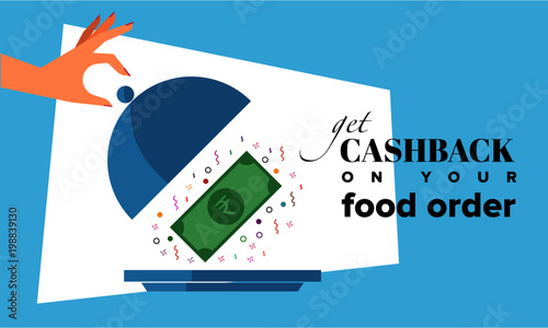 Hand revealing Money in a Cloche. Cashback concept. Vector illustration of hand, cloche and Indian Rupee currency banknote.