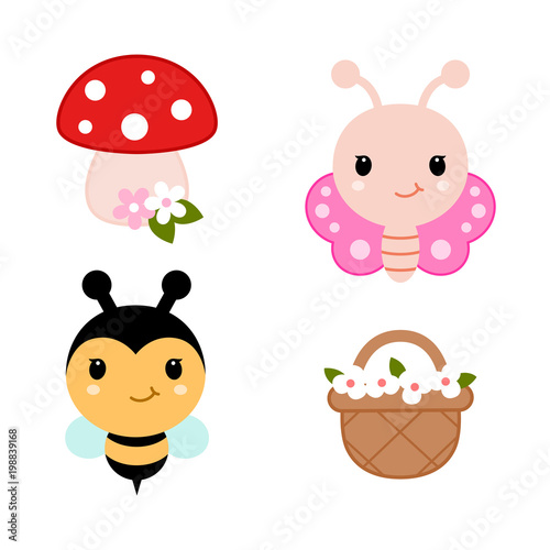 Collection of spring design elements - butterfly, bee, basket with flowers and mushroom. Vector.