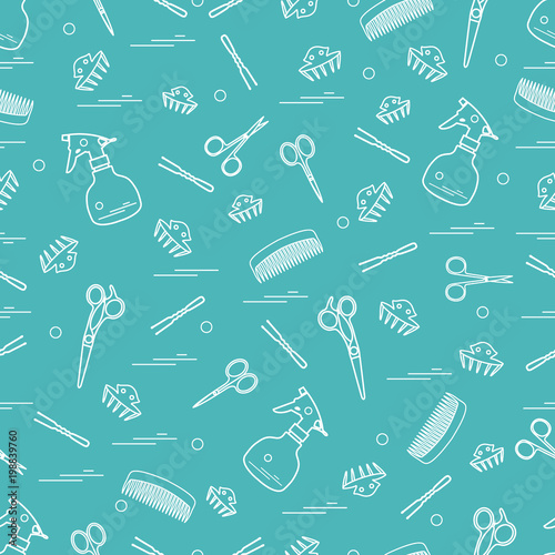 Cute pattern of scissors, combs, hairclip, hairpins and sprayer. For the provision of hairdressing services.