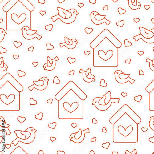 Seamless pattern with birds, birdhouses and hearts
