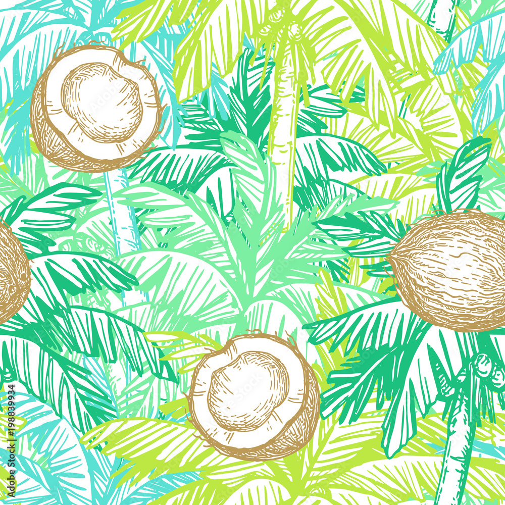 Naklejka premium Seamless pattern with coconut and palm trees