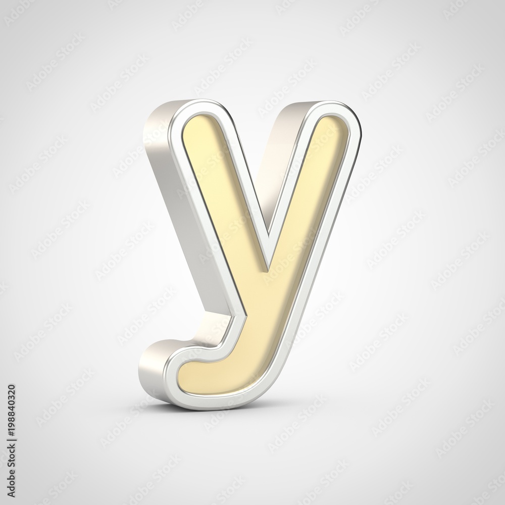 Gloosy golden letter Y lowercase with silver outline isolated on white ...