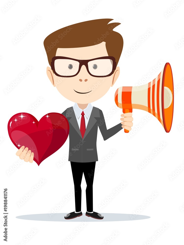 Funny cartoon business man with a megaphone and Red heart. Concept of personal coaching success. Vector illustration flat style. Success business concept Funny cartoon business man with a megaphone and Red heart. Concept of personal coaching success. Vector illustration flat style. Success business concept