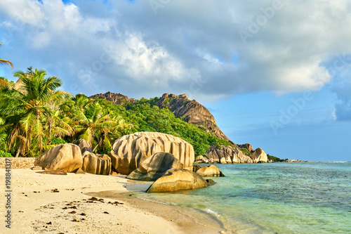 Anse Source d'Argent, granite rocks at beautiful beach on tropi