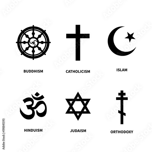 Set of main symbols of most common religions on white