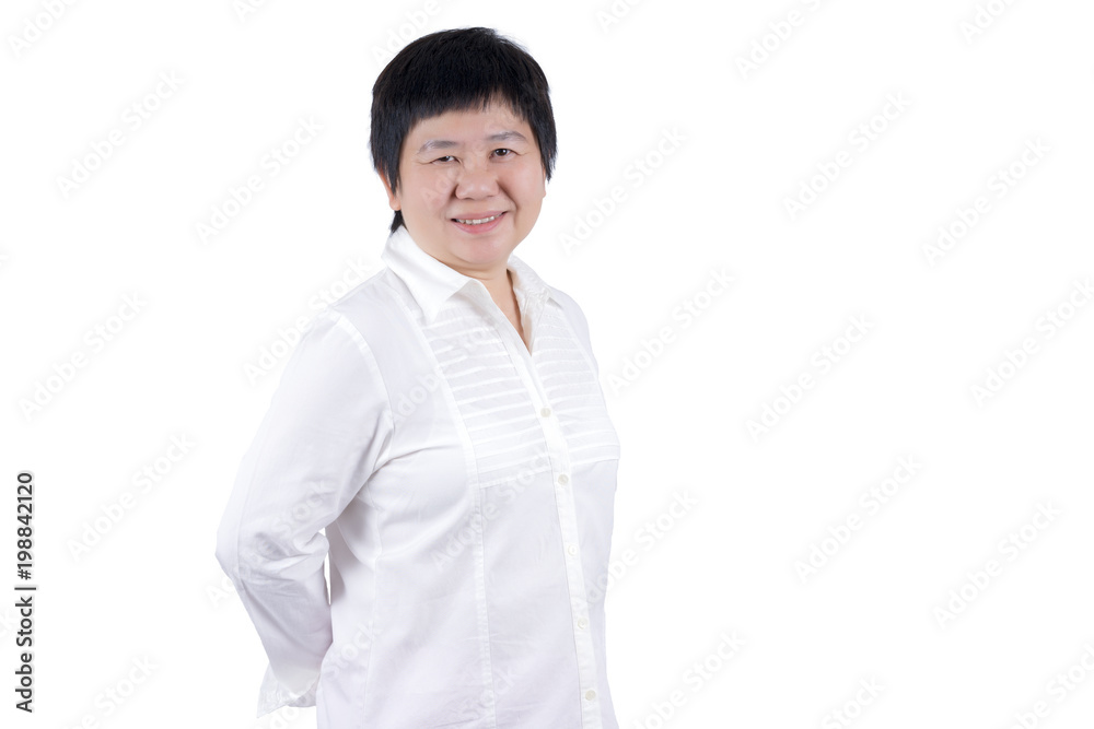 Smiling Asian Middle-aged woman in white shirt isolated on white background Smiling Asian Middle-aged woman in white shirt isolated on white background