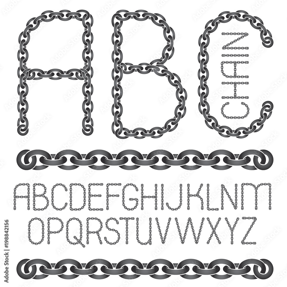 Vector English alphabet letters, abc collection. Upper case creative font  made with steel chain link, joined link.