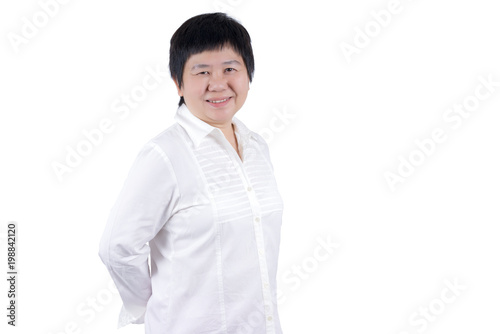Foto Smiling Asian Middle-aged woman in white shirt  isolated on white background