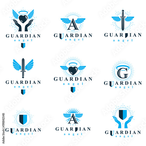 Holy spirit graphic vector logotypes collection, can be used in charity and catechesis organizations. Vector emblems created using battle swords, loving hearts and guardian shields. photo