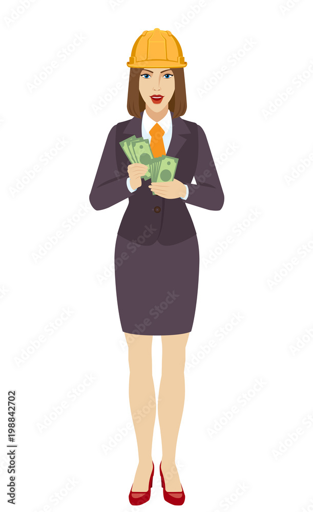 Businesswoman in construction helmet counting money Businesswoman in construction helmet counting money