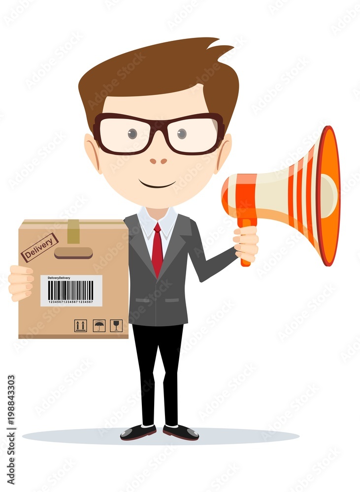 businessman with a megaphone carrying a paper box, business moving concept. Stock flat vector illustration. businessman with a megaphone carrying a paper box, business moving concept. Stock flat vector illustration.