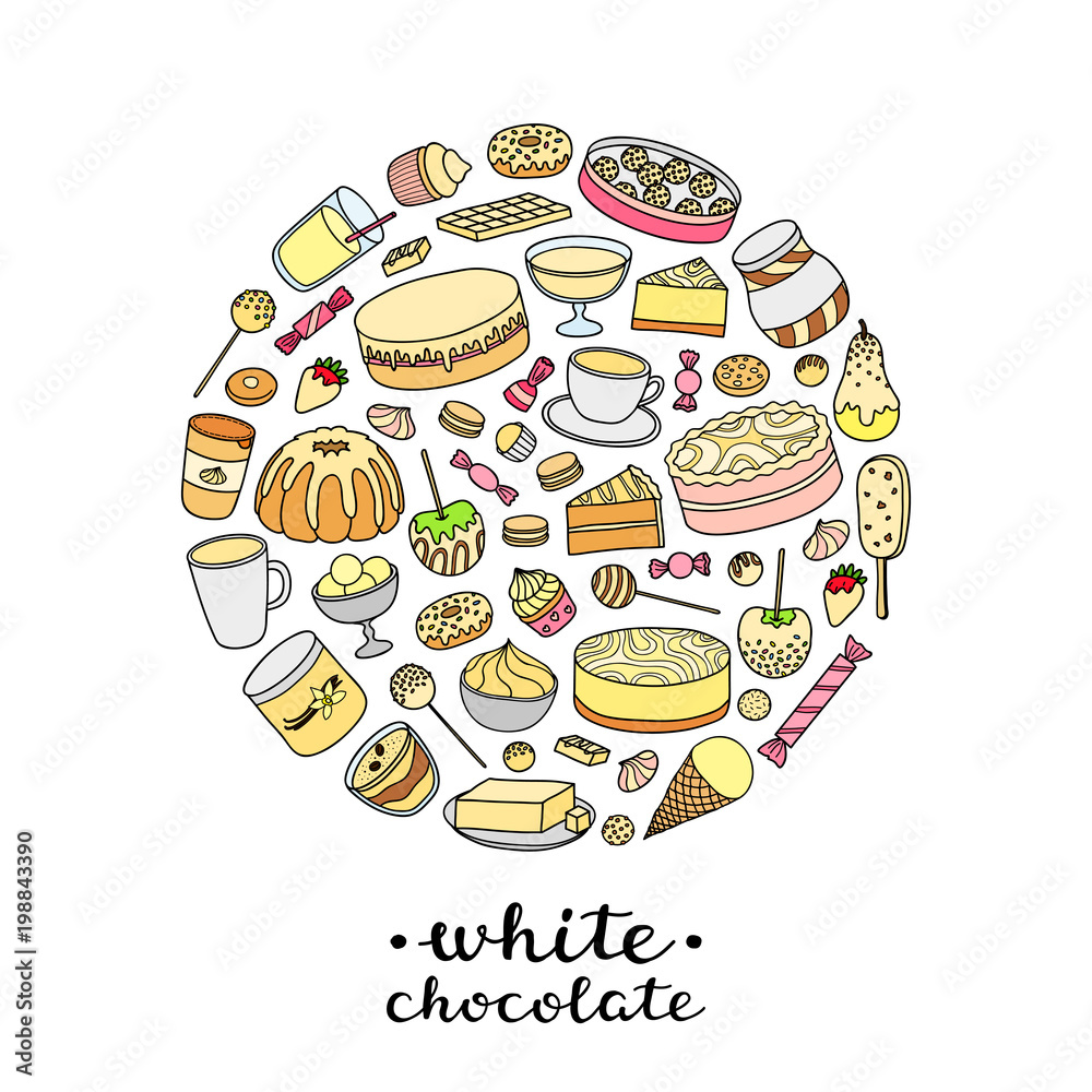 Doodle white chocolate products in circle. Doodle white chocolate products in circle.