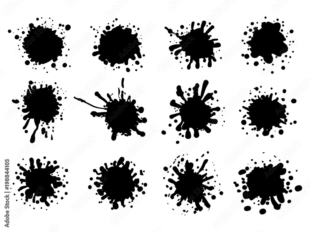 Set of black ink splatters. 