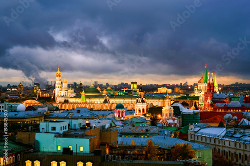 Aerial view of popular landmarks - Kremlin walls, Saint Basil Cathedral and others - in Moscow, Russia