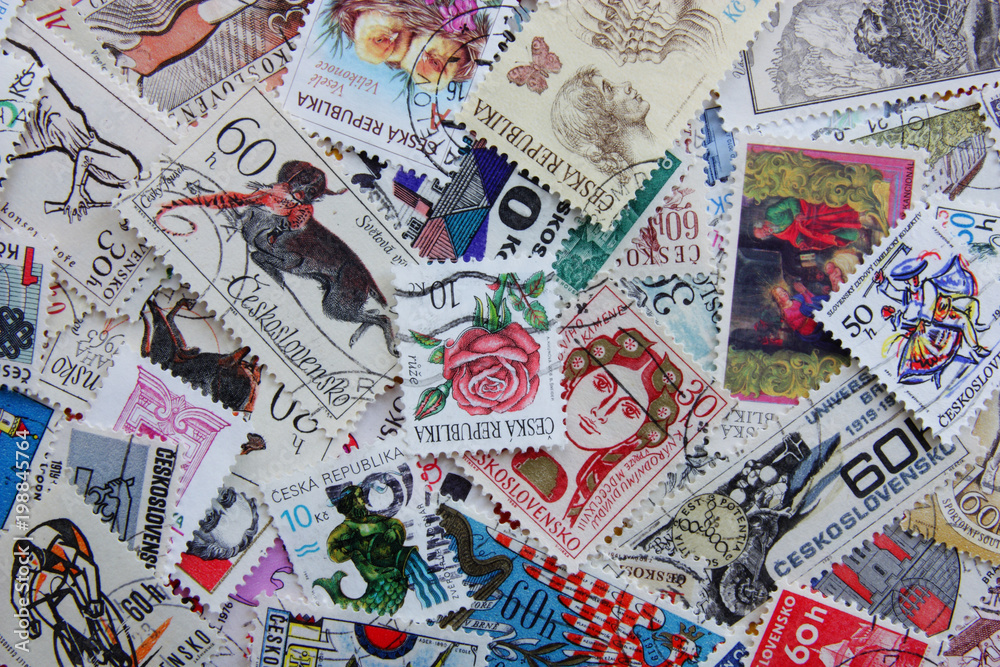 Old post stamps from Czech Republic. Postage stamps mix collection as background