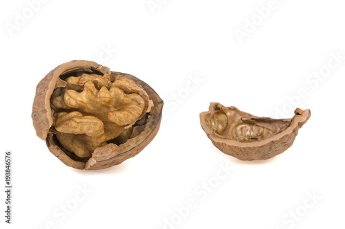 walnut cracked and peeled walnut close-up on white background