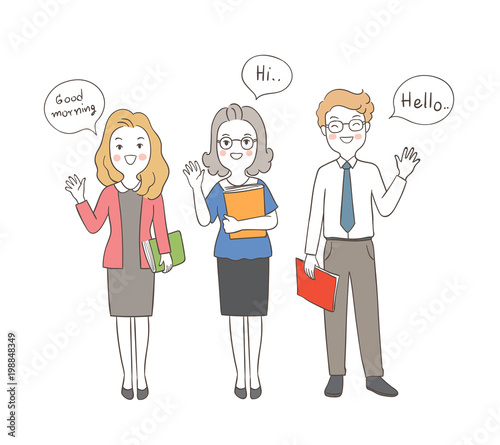 Draw vector illustration character happy teacher holding book greeting say Hi Hello in speech buble Doodle cartoon style