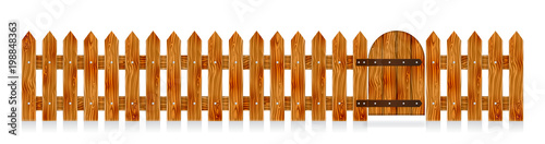 Wooden picket fence with a gate. Elements for rural design. Cartoon vector illustration.