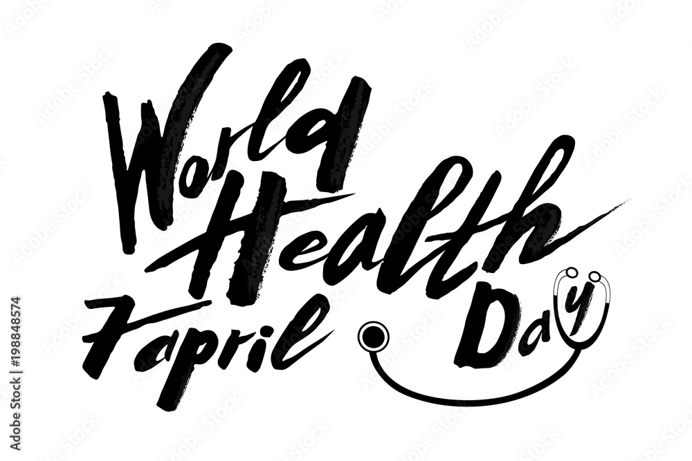 Hand-drawn text World Health Day on a textured background. Celebration of handwritten text, lettering, caligraphy for postcard, card, banner banner template. With a stethoscope pattern white and black Hand-drawn text World Health Day on a textured background. Celebration of handwritten text, lettering, caligraphy for postcard, card, banner banner template. With a stethoscope pattern white and black