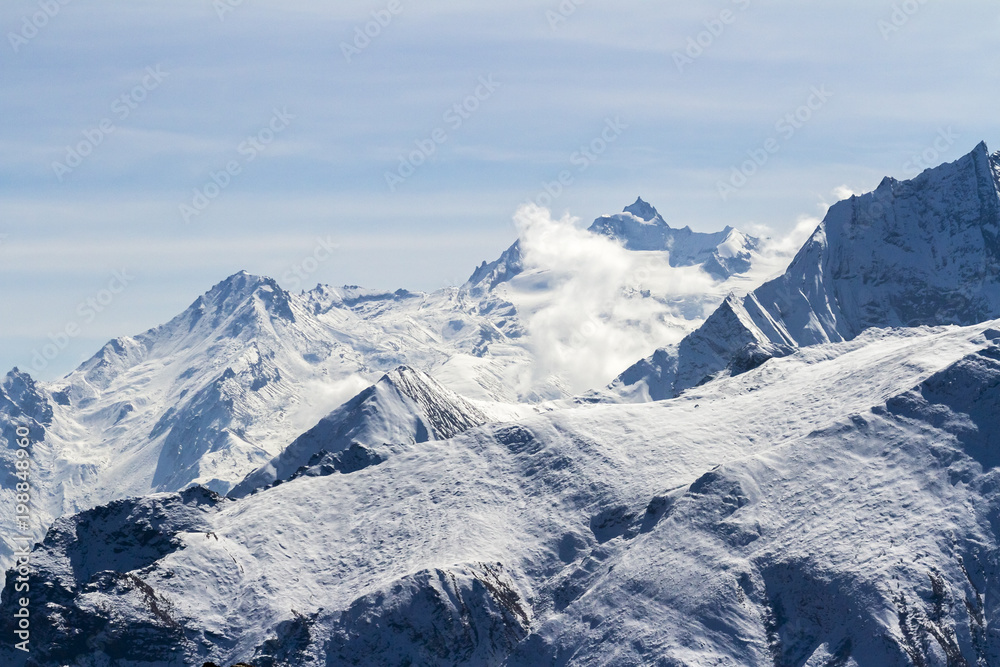 Majestic, blue, snow capped mountains. Morning in Himalayas, Nepal, Annapurna conservation area Majestic, blue, snow capped mountains. Morning in Himalayas, Nepal, Annapurna conservation area