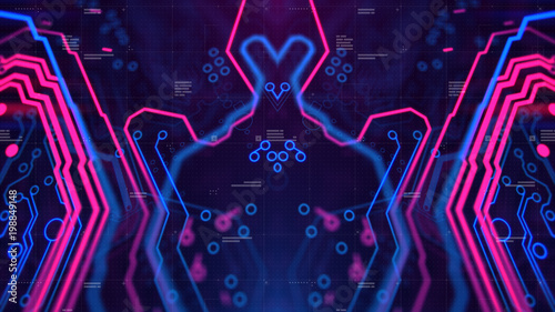 Mirror Symmetry. Purple, violet, blue neon background with digital integrated network technology. Printed circuit board. 3D illustration. Circuit board futuristic server code processing.