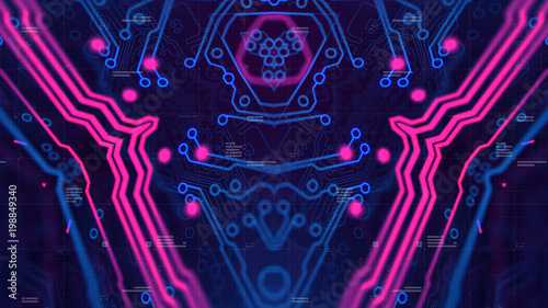 Symmetry pattern. Dark Purple Violet and Blue Microchip backdrop. Abstract background. Digital technology. PCB. Microchip link. 3d illustration. Background for computer graphic website internet